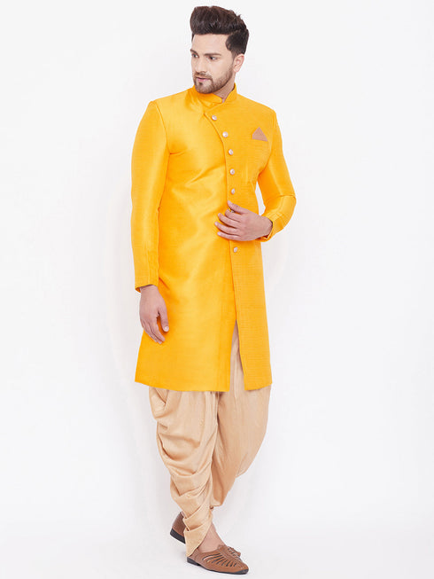 Vastramay Men's Mustard And Rose Gold Silk Blend Sherwani Set